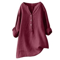 Sawvnm plus veličina ženska V-izreza dugi rukav labav gumb pamuk i lanene tunike košulje ljetne košulje bluza