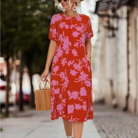 Ljetne haljine od ramena do ramena, cvjetne haljine za žene s napuhanim rukavima i okruglim vratom, vruće ružičaste-ramena