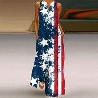 Ženske ljetne haljine s printom američke zastave, bez rukava s izrezom i džepovima u obliku slova u, ležerna široka