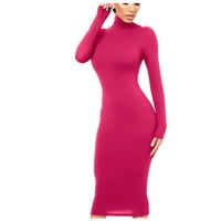Duge jesenske haljine za žene, ženska modna ugrađena duga haljina s dugim rukavima, jednobojna ružičasta haljina
