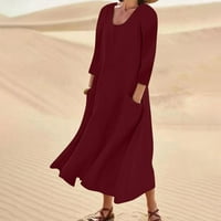 Haljina za žene, ženska modna ležerna obična haljina s rukavima od pamuka i lana, haljina s džepovima, vinska