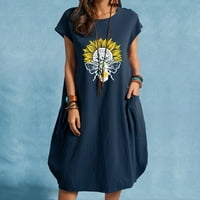 Ženska ljetna haljina od pamuka i lana s cvjetnim printom, ležerna, kratkih rukava s džepom, široka haljina s